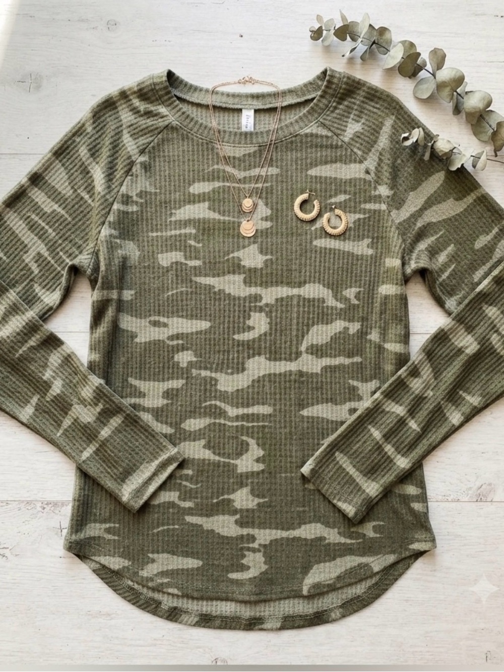 Camo Ribbed Long-Sleeve Top - Olive Green